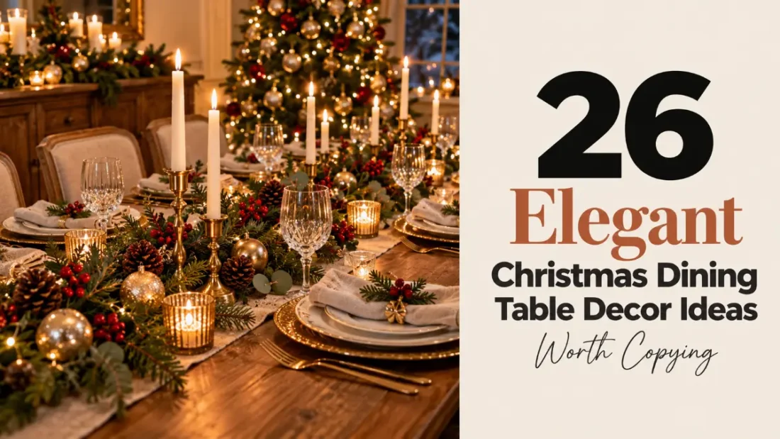 Elegant Christmas dining table decor with a greenery garland runner, taper candles and gold chargers