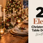 Elegant Christmas dining table decor with a greenery garland runner, taper candles and gold chargers