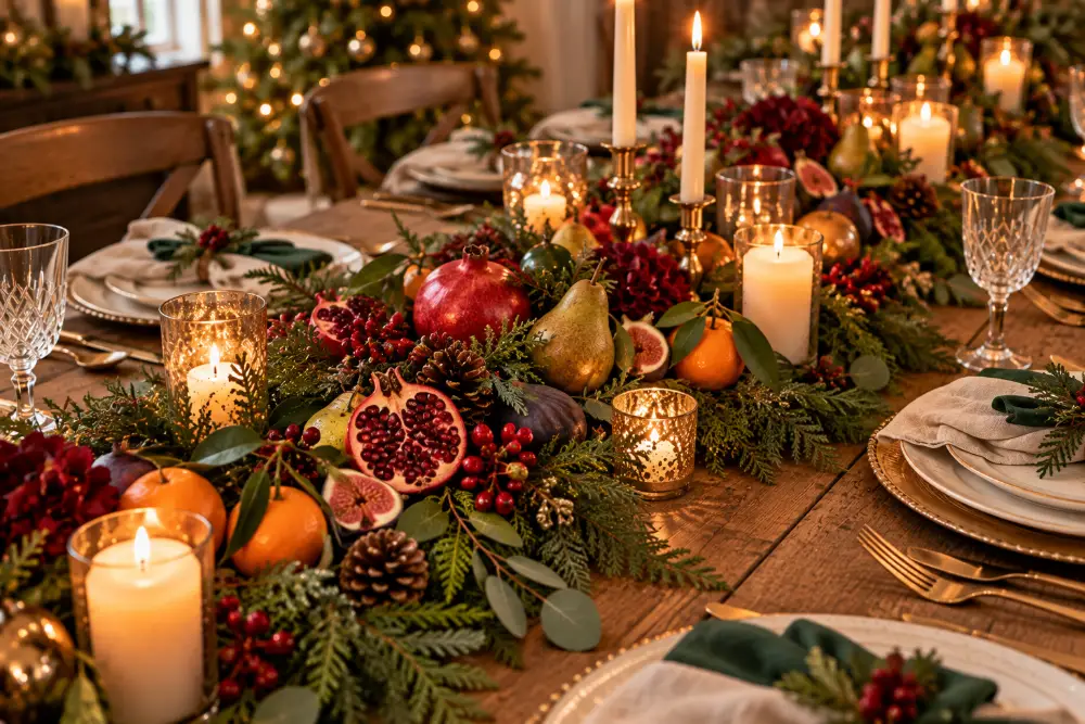 Christmas dining table centerpiece with pomegranates, pears and clementines