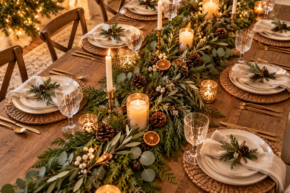 Christmas dining table decor with a lush greenery garland runner