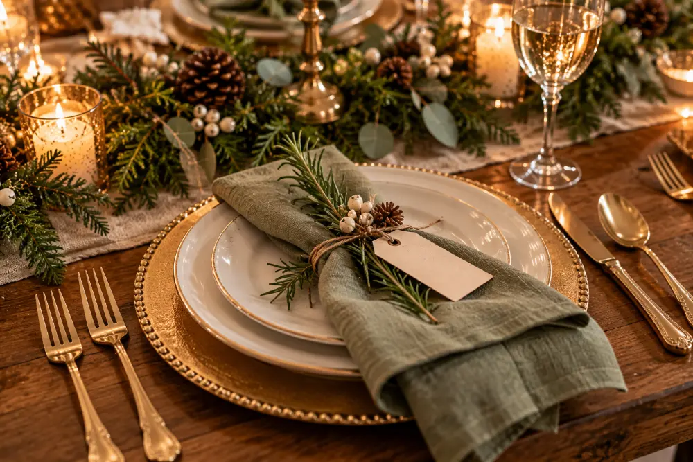 Christmas dining table setting with gold charger, linen napkin and rosemary sprig