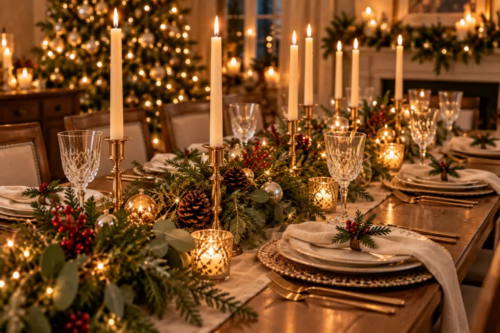Elegant Christmas dining table decor with tall taper candles in brass holders