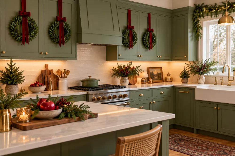 Christmas kitchen decor ideas for cabinets: mini wreaths on cabinet doors