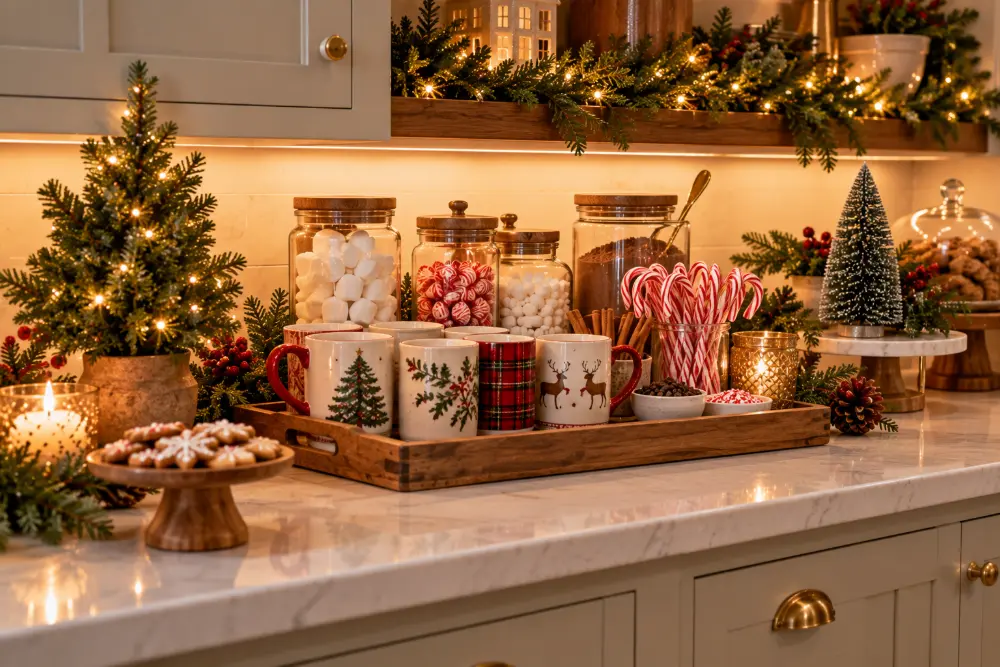 Christmas kitchen hot cocoa bar on the counter