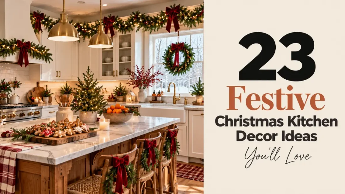 Christmas kitchen decor ideas: garland and red bows above white cabinets with a wreath in the window