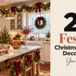 Christmas kitchen decor ideas: garland and red bows above white cabinets with a wreath in the window