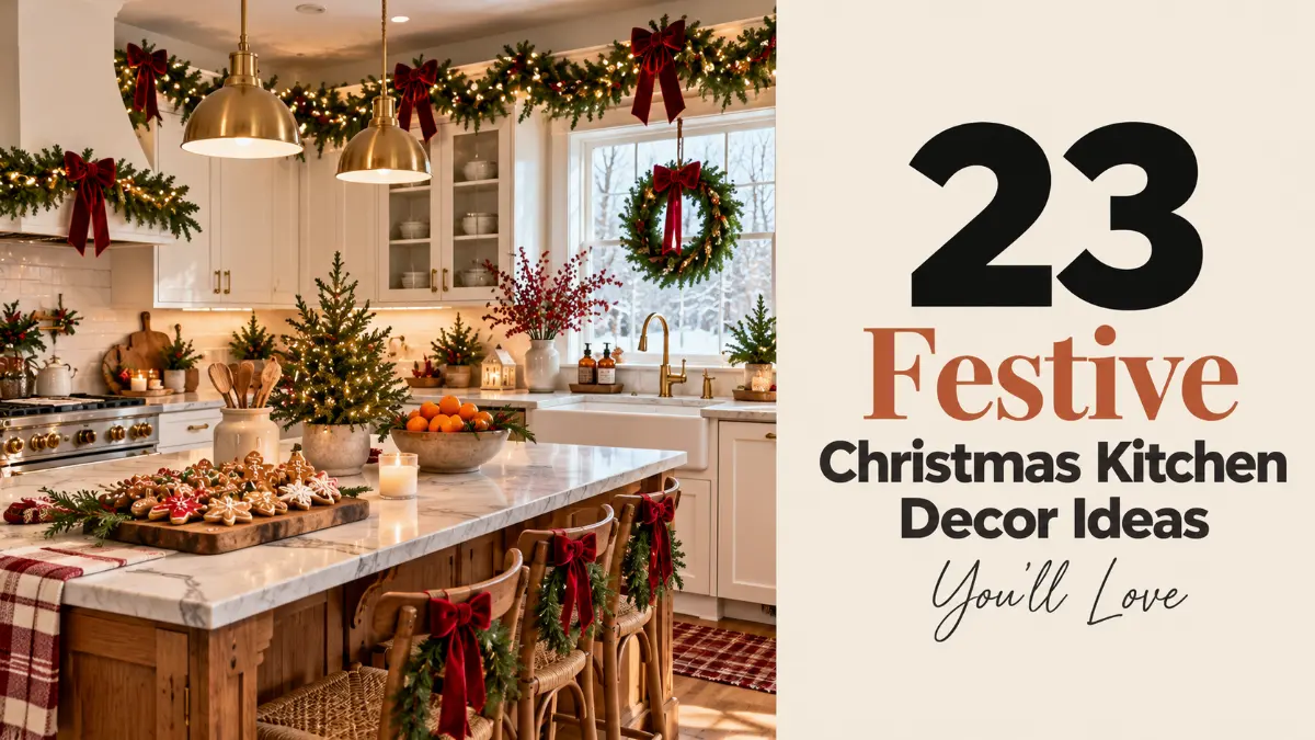 Christmas kitchen decor ideas: garland and red bows above white cabinets with a wreath in the window