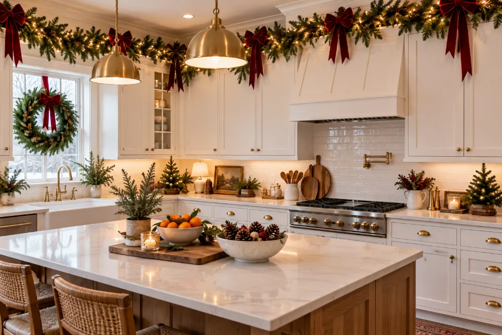 Christmas kitchen decor ideas: garland with lights above upper cabinets