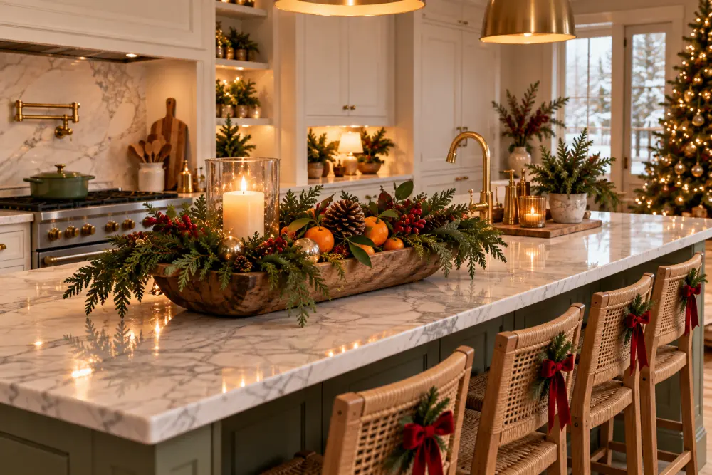 Christmas kitchen island decor with a low dough bowl centerpiece