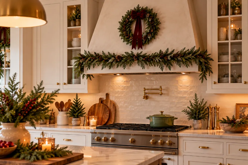 Christmas kitchen decor: range hood dressed with greenery and bows
