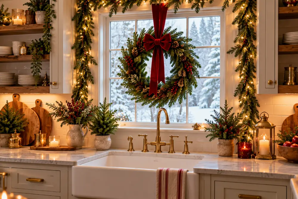 Christmas kitchen window with a wreath above the sink