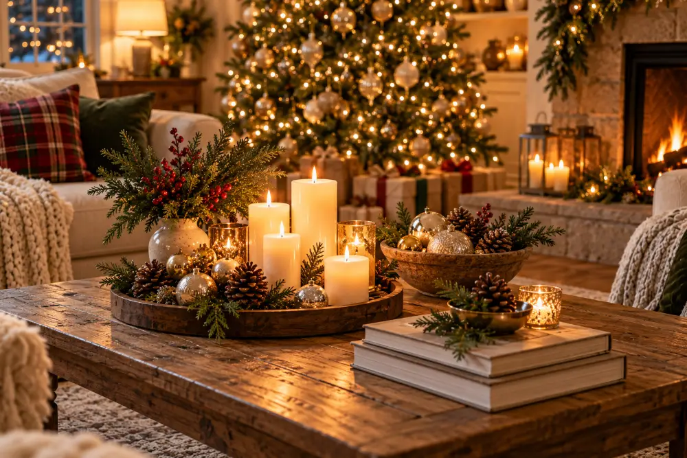 Christmas living room ideas: clustered candles on a coffee table tray