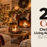 Cozy Christmas living room ideas with a decorated tree, fireplace garland and stockings