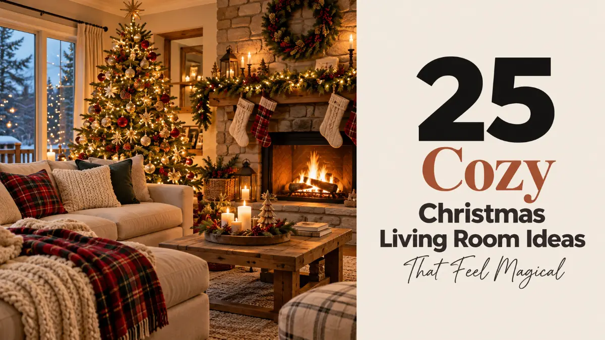Cozy Christmas living room ideas with a decorated tree, fireplace garland and stockings
