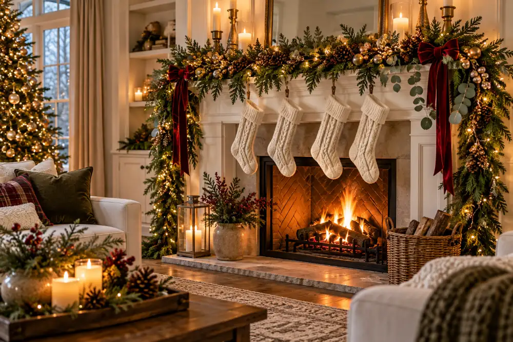 Christmas living room decor: fireplace mantel dressed with a full garland and stockings