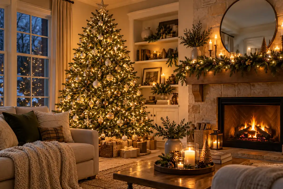 Christmas living room ideas: tree layered with warm white lights