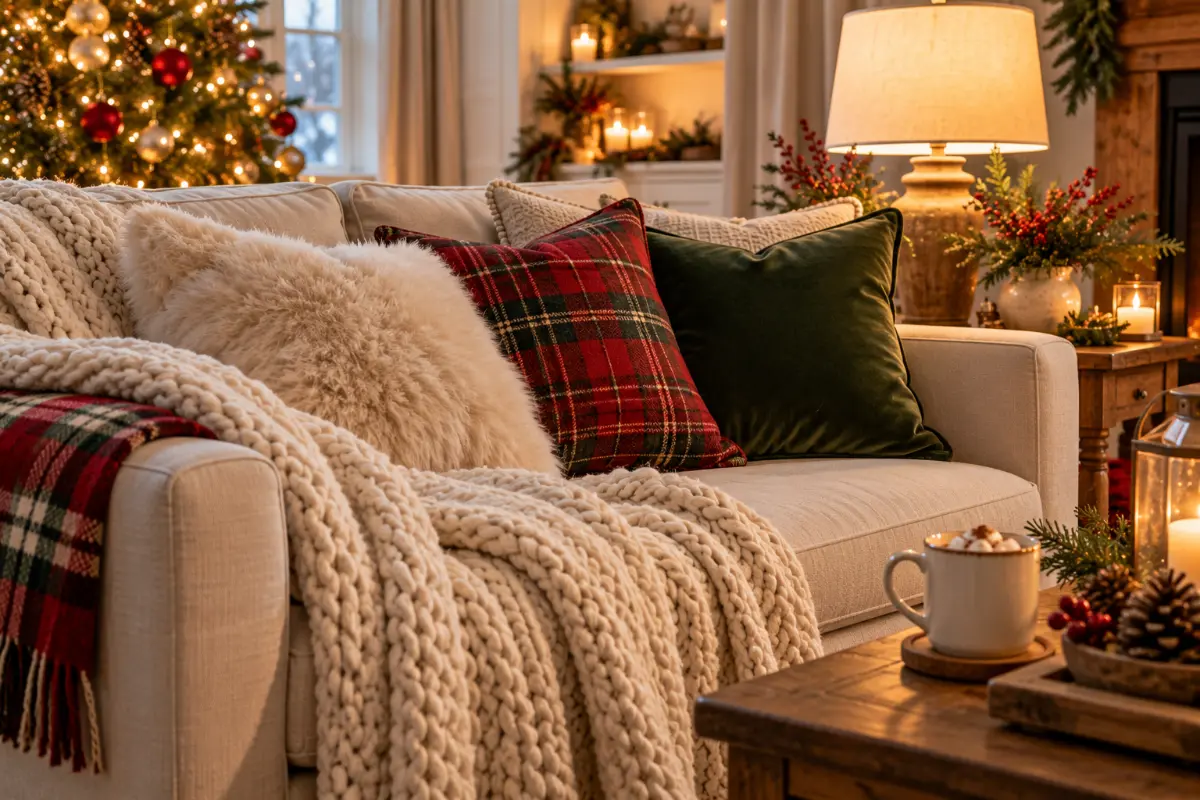 Cozy Christmas living room with knit throws, faux fur and velvet pillows