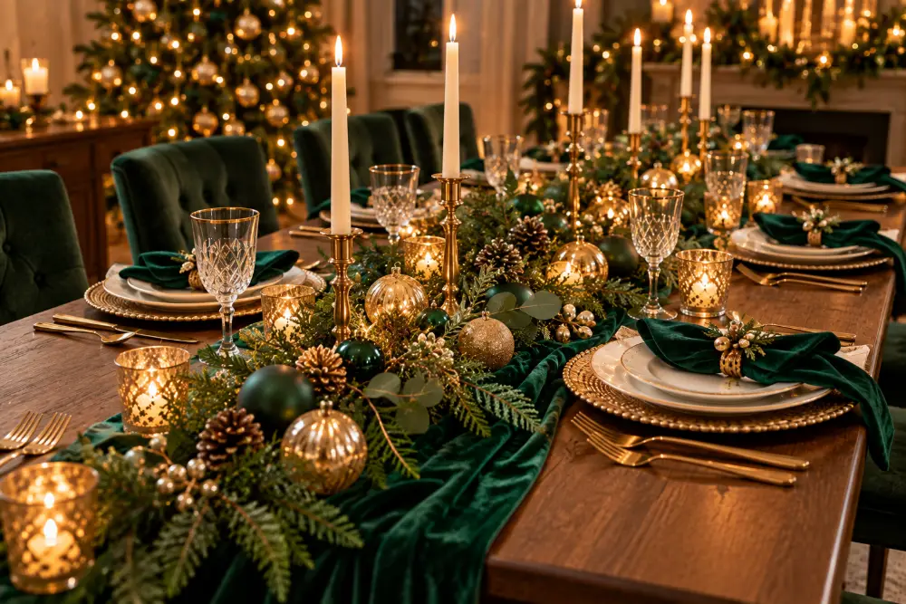 Green and gold Christmas dining table decor