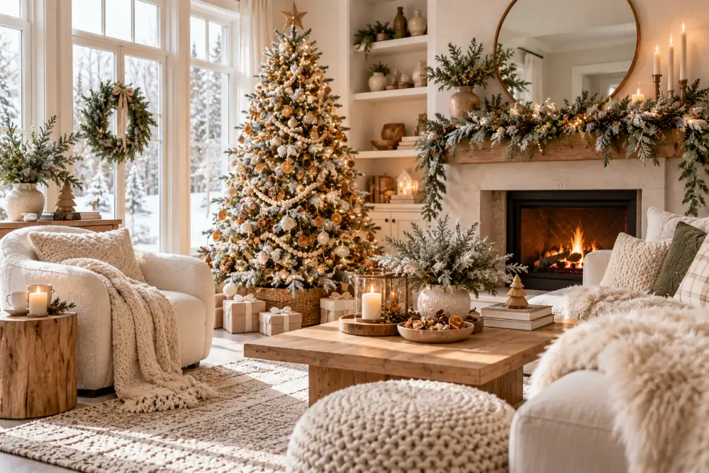 Neutral Christmas living room ideas in cream, wood and greenery