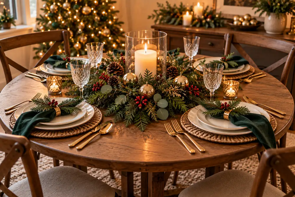 Round Christmas dining table decor with a flat wreath centerpiece