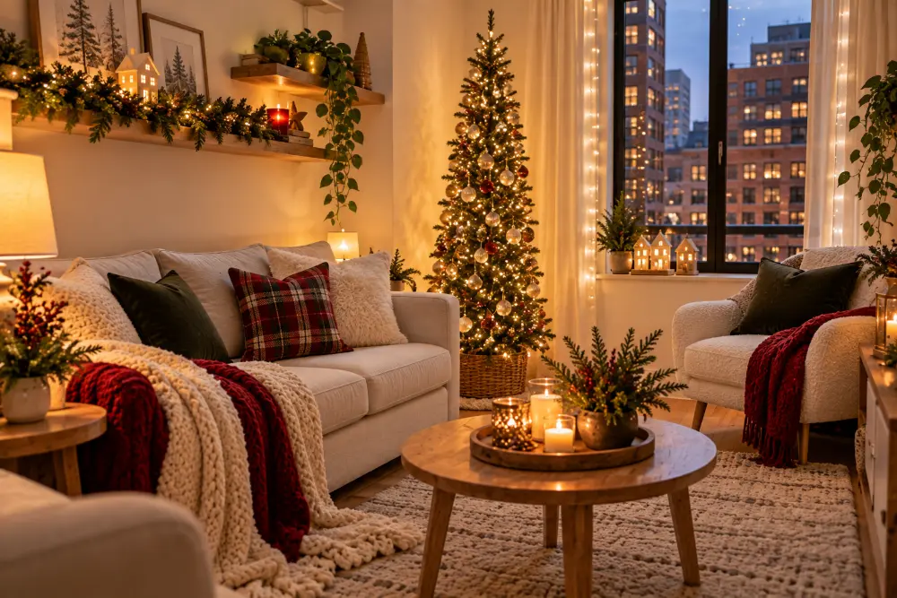 Small Christmas living room with a slim pencil Christmas tree