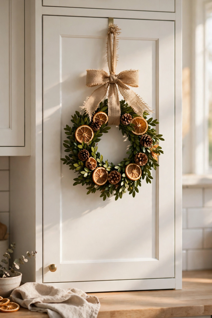 5. Hang a Mini Wreath on Cabinets