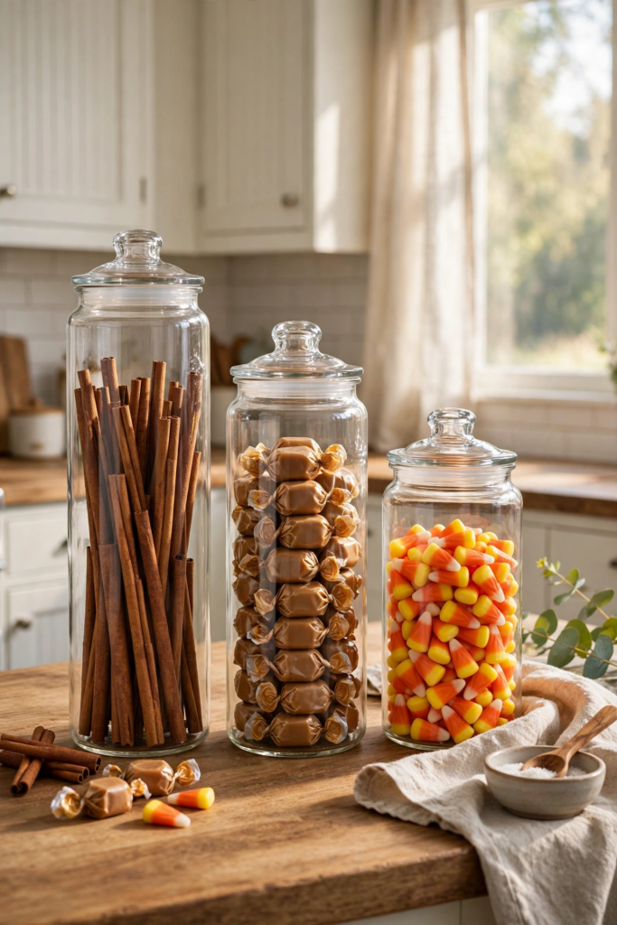 10. Use Clear Canisters Filled With Fall Treats